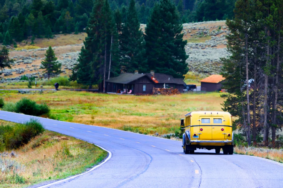 Yellow Tour Bus on road to Tower Junction Yellowstone National Park Wyoming 3